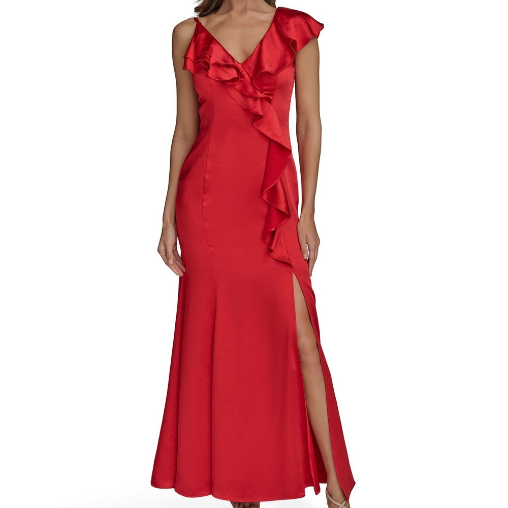 Donna Karan New York Ruffle Trumpet Red Split V Neck Gown Dress Womens 10 READ